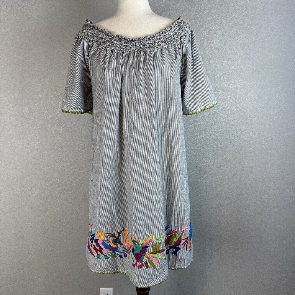 Sister Mary Womens Dress L Large Gray Stripe Mexican Style Embroidered Cotton